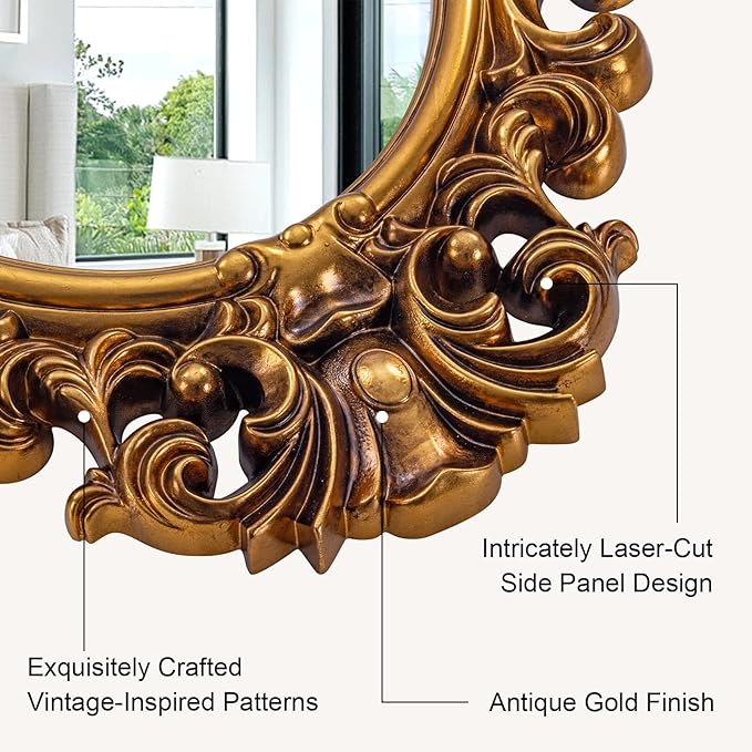 Antique Gold Oval Mirror, Decorative Mirrors with Baroque Framed, 29'' x 41'' Ornate Vinatge Gold Wall Mirror for Living Room Dining Room Bedroom Entryway Fireplace