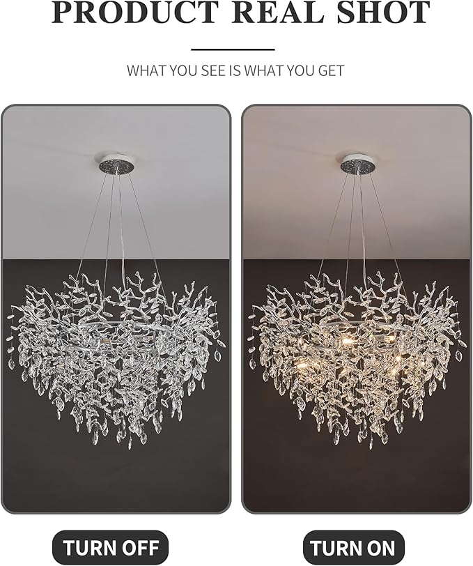 Modern Crystal Chandelier for Dining Room, 31.5" Chrome Tree Branch Chandeliers, 10-Light Luxury K9 Crystal Round Chandeliers for Kitchen Island Living Room