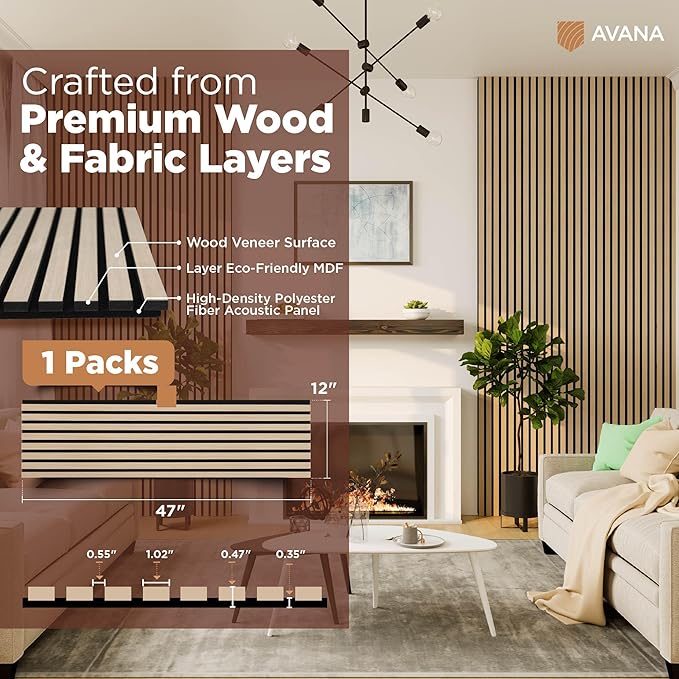 Avana Modern Acoustic Wood Wall Panels – 47.2 x 12.6 Inch White Oak Acoustic Panels 1 PC – Wall Panels for Interior Wall Decor For Homes, Offices, Studios – Sturdy And Durable Wood Panels for Wall