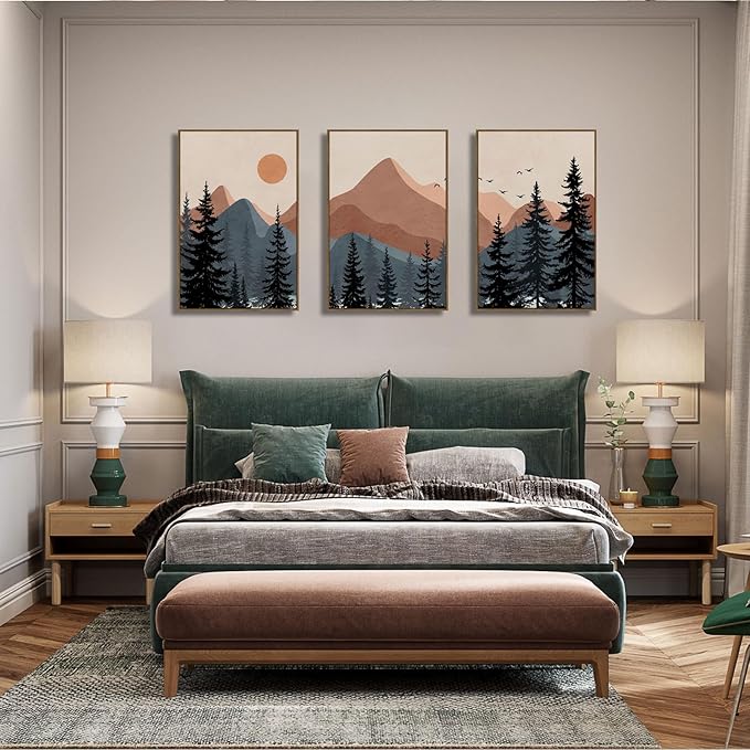 Boho Mountain Wall Art Framed Canvas Mid Century Nature Landscape Sunrise Theme Abstract Black Pines Tree Forest Wall Decor for Living Room, Bedroom, Office - 16x24 Inch, 3 Panels