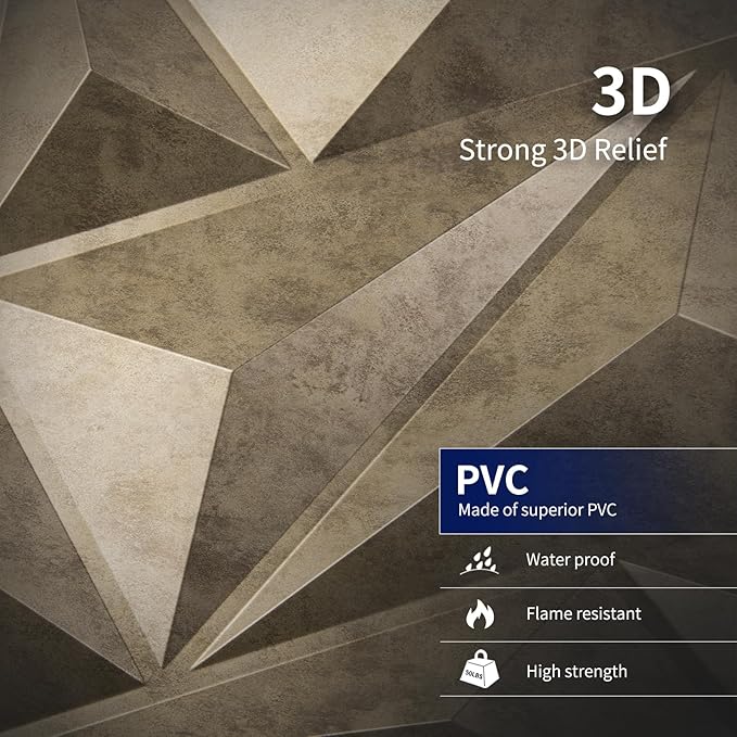 Art3dwallpanels PVC 3D Wall Panel Diamond for Interior Wall Décor, Wall Decor PVC Panel, 3D Textured Wall Panels, Pack of 12 Tiles, Antique Gold