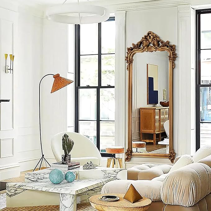 Large Gold Vintage Mirror, 66"x28" Arch Full Length Mirror with Ornate Lightweight PU Frame, Traditional Carved Top Decorative Mirrors for Living Room Dining Room Bedroom Entryway