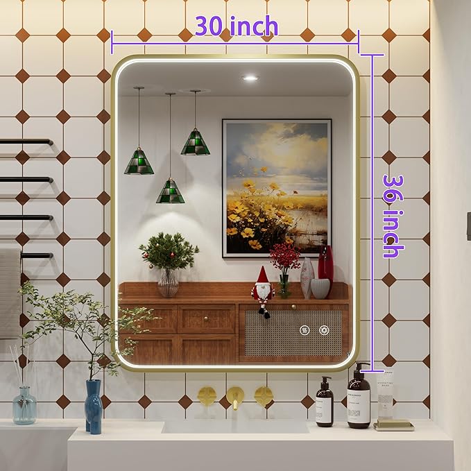 30x36 Inch Gold LED Bathroom Mirror with Lights, Adjustable 300K/4500K/6000K, Wall Mounted Framed Lighted Bathroom Vanity Mirrors, Anti-Fog, Memory, Stepless Dimmable, Horizontal/Vertical