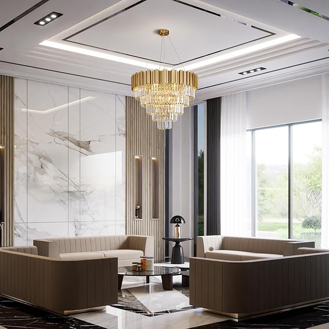 5-Tier 27.5" Modern Crystal Chandelier, 9-Light Gold Chandelier, Luxury Round K9 Crystal Chandeliers Pendant Light Fixture for Dining Room, Living Room, Bedroom, Foyer, Entryway, Kitchen, Restaurant