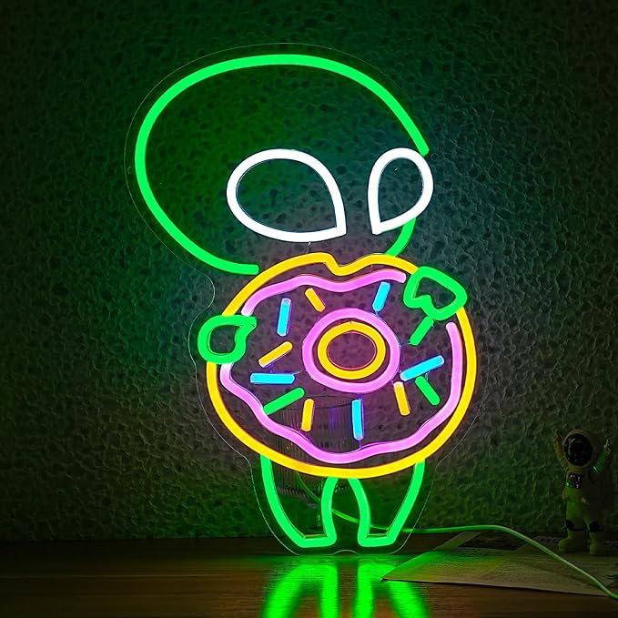 Alien Donuts Neon Sign Green Alien Neon Light for Wall Decor Donuts Led Lights Up Sign for Bedroom Dessert Shop Bakery Party Decoration Gift Fast Food Shop Cool Light Sign 16.5 * 11.4 IN