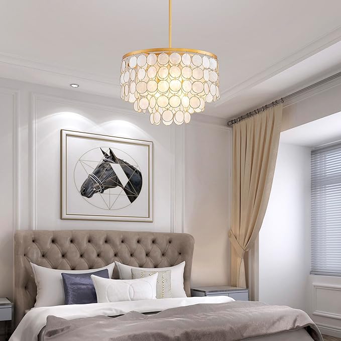 4-Lights Capiz Shell Chandelier, Coastal Design Pendant Light Fixture, for Kitchen, Dining Room, Bedroom, Gold Finish, D16.5 * H20~50 Inch Adjustable Height
