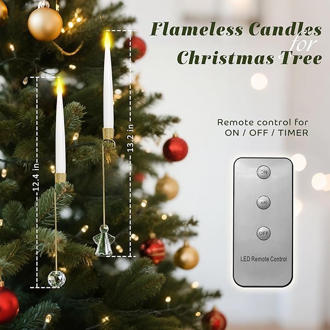 Christmas Tree Candles, 10 Pack Flameless Taper Candles for Christmas Tree Decor, Fake LED Candle Battery Operated with Remote for Xmas Wedding Home Gift with Crystal Ball Angel Hook