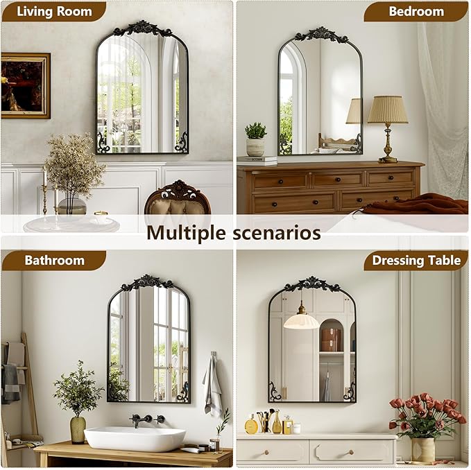 36"x 28" Arched Bathroom Mirror, Wall-Mounted Mirror with Carved Metal Frame & Bottom Art Carved, Vanity Mirror for Home Decor, Hanging Wall Mirror with Baroque Ornate Carved Accents, Vintage Black