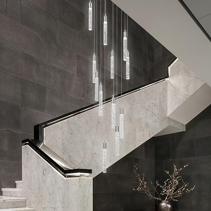 12 Light Living Room Chandelier Chrome Crystal Pendant Lights LED Dimmable 72W 6000K Staircase Large Chandelier Lobby Living Room Foyer High Ceiling Chandeliers