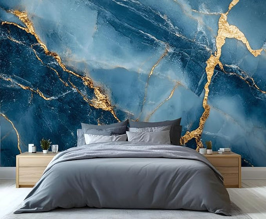 Blue Gold Marble Mural Wallpaper, Modern Fashion Marble Murals, Abstract 3D Texture Murals, Large Wallpaper for Living Room Bedroom Kids Room Home Decor Mural (Not Peel Stick)