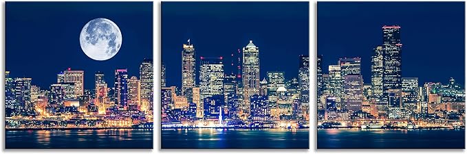 NAN Wind Panoramic Seattle Skyline Night Canvas Art Full Moon Over City Wall Decor 3 Panel Modern Urban Cityscape Print Blue Harbor Illuminated Skyscrapers Living Room Office Bedroom Home Decoration