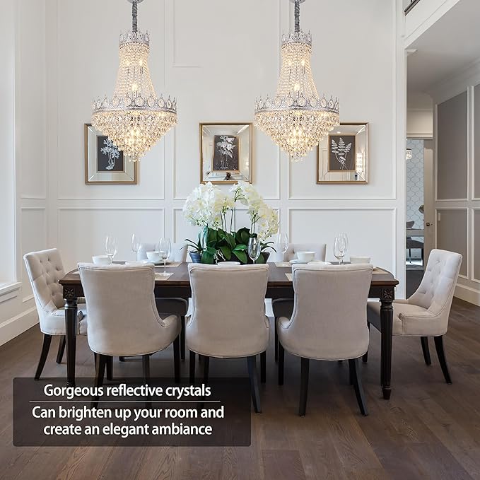 KoKo&Yukina Chrome 23.6" French Empire Crystals Chandeliers 14 Lights K9 Crystal Chandeliers Modern Adjustable Hanging Chandelier Farmhouse Crystal Chandelier for Living Room Dining Room Bedroom