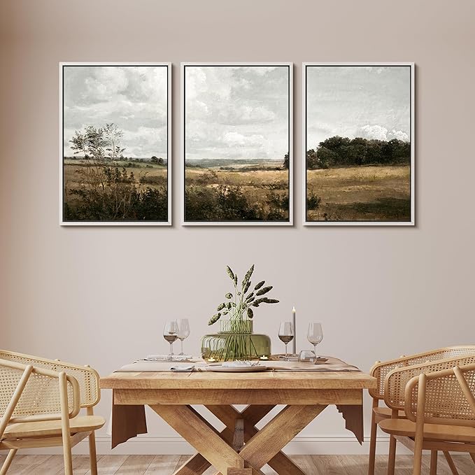 MUDECOR Framed Canvas Print Wall Art Rustic Fields Tranquil Countryside Landscape Nature Wilderness Illustrations Realism Decorative Panoramic Earth for Living Room, Bedroom, Office - 24"x36"x3 White