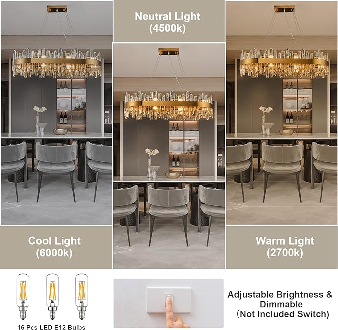 Modern Crystal Chandeliers, Luxury Rectangular 2 Tiers K9 Crystal Chandelier, 16-Light Brass Gold Rectangle Oval Flush Mount Ceiling Light Fixture for Dining Room Kitchen Foyer, L35.4''