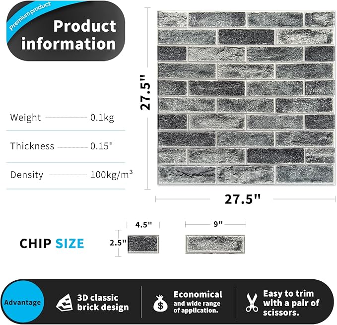 Art3d 10-Pack 52.5 Sq.Ft Faux Brick 3D Wall Panels Peel and Stick in Stone Ash, Self Adhesive Waterproof Foam Wallpaper for Bedroom, Bathroom, Kitchen