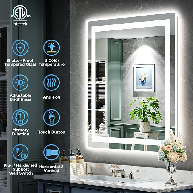 24x32 Inch LED Bathroom Mirror with Lights Front and Backlit Lighted Vanity Mirror for Bathroom Wall with 3 Colors Dimmable Anti-Fog Memory Shatter-Proof IP54 Waterproof Horizontal/Vertical