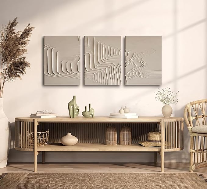 3Pcs Framed Beige Cream Abstract Textured Line Art Curved Canvas Wall Art Prints Posters Pictures Paintings Wall Decor for Minimalist Boho Living Room Bedroom Office Decoration