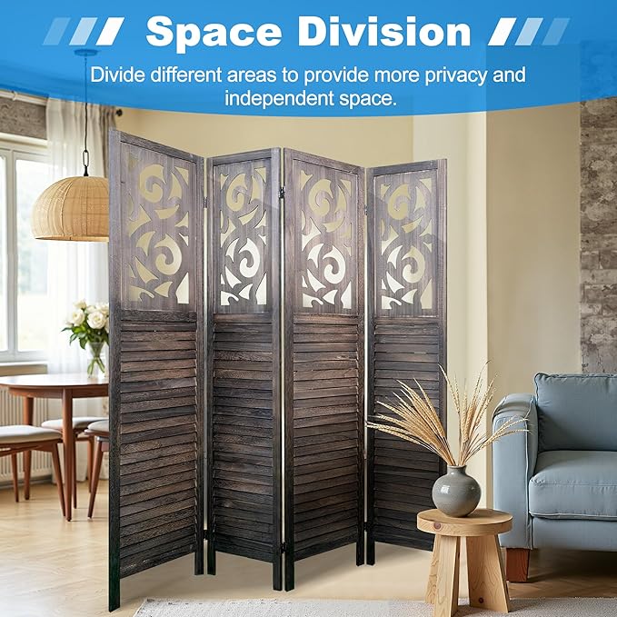4 Panel Room Divider 5.6FT Wood Carved Room Dividers, Folding Privacy Screens Portable Freestanding Partition Wall Dividers for Bedroom, Office, Rustic Brown