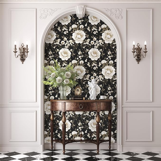 Boho Wallpaper Peel and Stick Dark Floral Wallpaper for Cabinet 17.5in x393in Vintage Contact Paper Waterproof Self Adhesive Modern Flowers Leaf Wall Paper for Room Walls Bathroom Decor