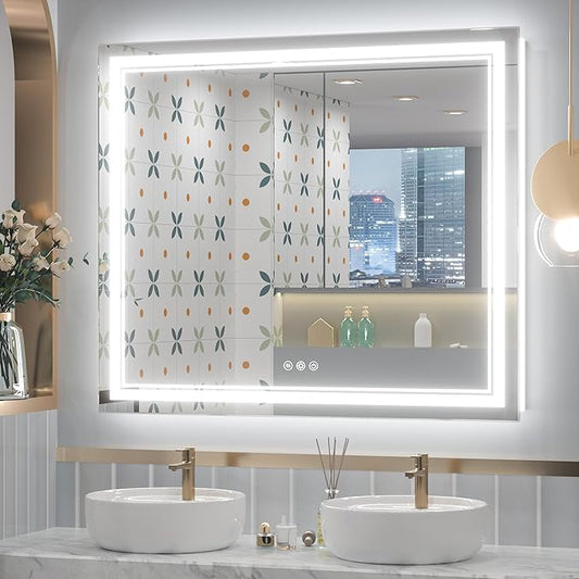 Keonjinn Bathroom LED Mirror 42 x 36 Inch Frontlit and Backlit, Stepless 3 Colors Temperature & Dimmable Tempered Glass Mirror, UL Listed LED Driver, Double LED Strips, Anti-Fog Lighted Vanity Mirror
