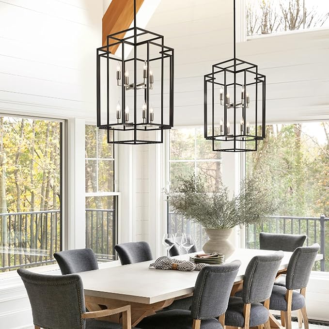 31.5" Farmhouse Chandelier, 8-Light Black & Silver Lantern Pendant Light, Modern Foyer Lighting Fixtures, Entryway Chandeliers for High Ceilings, for Living Room,Staircase,Hallway