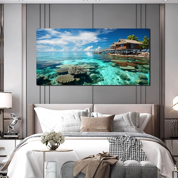Ocean Scenic Canvas Wall Art, Blue Seascape Wall-Decor Picture, Ocean Scenery Canvas Decoration, Coastal Landscape Print Decorative Artwork for Home living Room Bedroom, Large Size 59x29 Inches