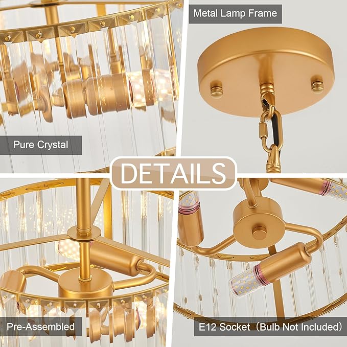 Modern Crystal Gold Chandelier for Dining Room,11.7 inch Semi Flush Mount Ceiling Dining Room Light Fixture with E12 Base*3,Round Pendant Lighting for Bedroom Hallway Bathroom Foyer Kitchen