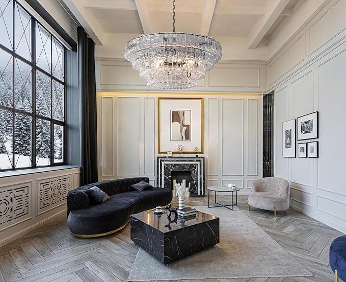 Clear Glass 36 inch Round Chandelier for Dining Room, Modern Drum Black Pendant Light Fixture with Crystal Glass Bubbles, Large Ceiling Light