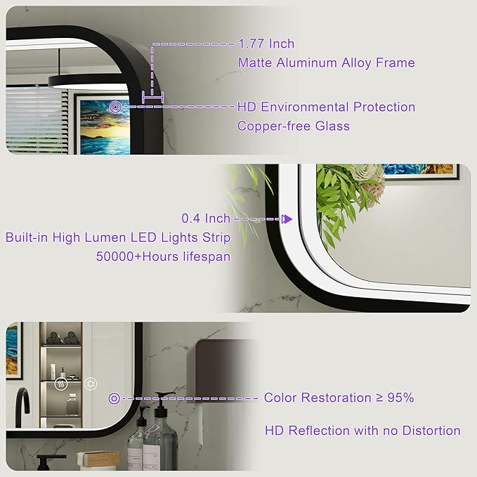 24x32 Inch Black LED Mirror for Bathroom with Lights, 3000K/4500K/6000K, Wall Mounted Lighted Bathroom Vanity Mirrors, Stepless Dimmable, Memory Funtiom, Anti-Fog, Horizontal/Vertical