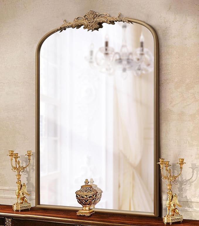 Antique Baroque Arched Mirror: 24"x36" Arch Gold Vintage Wall Mounted Mirror - Traditional Ornate Home Decor for Entryway/Fireplace/Bathroom - Idea for Fashion-Conscious