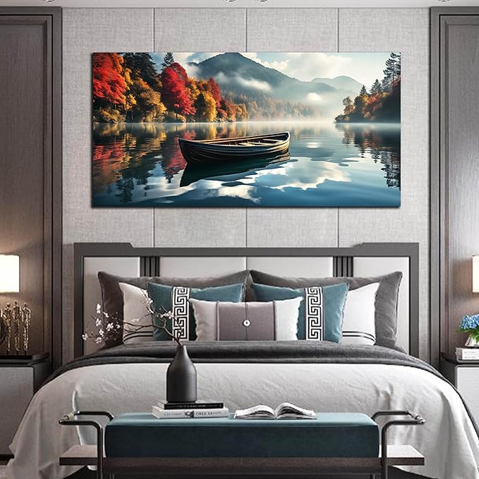 CANEITO View Wall Art for Living Room, Mountain Lake and Boat Wall-Decor for Bedroom, Natural Scenery Canvas Prints Pictures for Hallway Office, Size 59x29 Inches