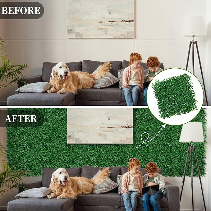 BonBloom's Artificial Grass Wall, 10" X 10" Set of 24(16.8 sqft), UV Protected for Indoor Outdoor Use, Realistic Greenery Wall Decor for Privacy Fences, Garden Walls, and Party Backdrops.