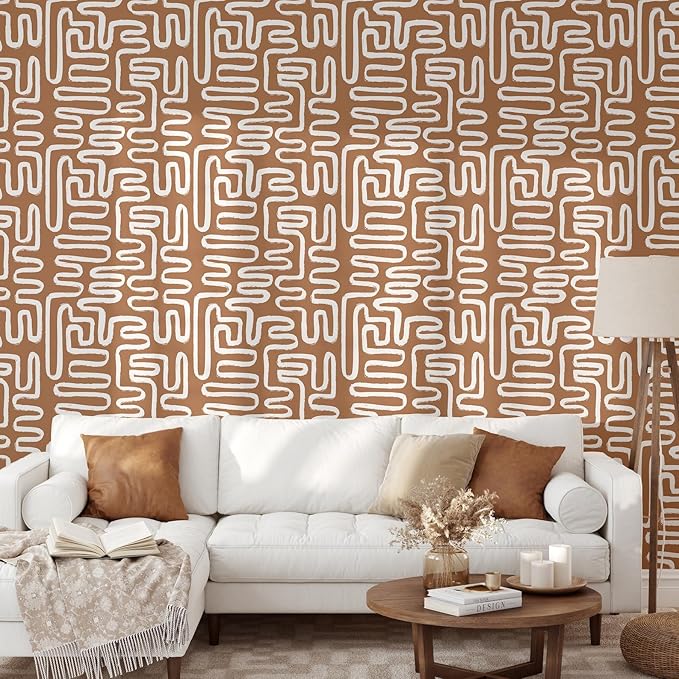 Minimalist Lines Wallpaper | Removable Self Adhesive Brown Boho Wallpaper | Geometrical Abstract Lines Peel and Stick Wallpaper (1 roll 24" W x 60" H)