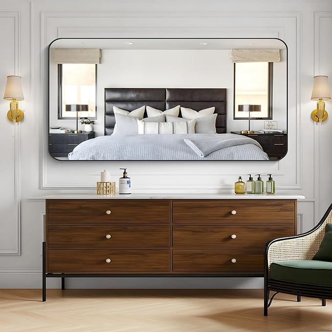 KOCUUY 60"x30" Large Rectangle Vanity Mirror, Black Metal Frame Mirror with Rounded Corner, Modern Design of Upgraded Shatterproof Glass for Bathroom, Bedroom, Living Room, Entryway