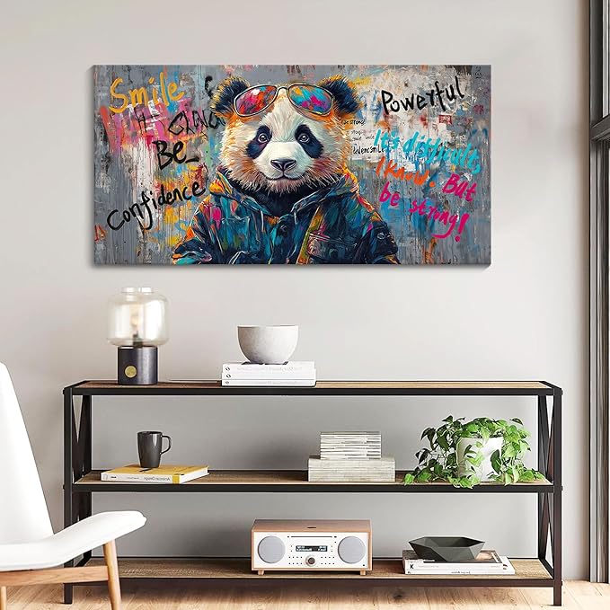 JEAWA Large Canvas Wall Art, Black and White Panda Abstract Graffiti Street Art Pop Modern Paintings Ready to Hang Living Room Bedroom Study Office Inspirational Picture Home Decor 24x48 IN