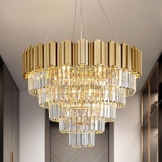 5-Tier 27.5" Modern Crystal Chandelier, 9-Light Gold Chandelier, Luxury Round K9 Crystal Chandeliers Pendant Light Fixture for Dining Room, Living Room, Bedroom, Foyer, Entryway, Kitchen, Restaurant