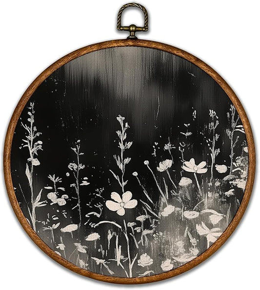 BCUANGD Vintage Flower Round Wall Art Decor - Retro Floral Botanical Wall Art Canvas Frame Artwork Prints, Mid Century Modern Flowers Round Wall Hanging Decorations for Home Bedroom, 10"x10"