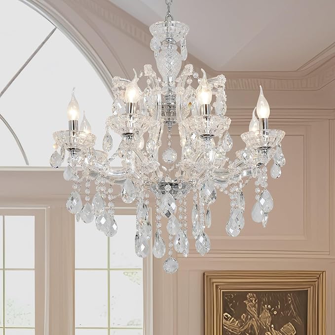 Modern Chrome Chandelier Light Fixture 8 Light Luxury Crystal Maria Theresa Chandelier Pendant Lighting Fixture for Dining Room,Bedroom,Living Room, W23.6*H22 with Adjustable Chain