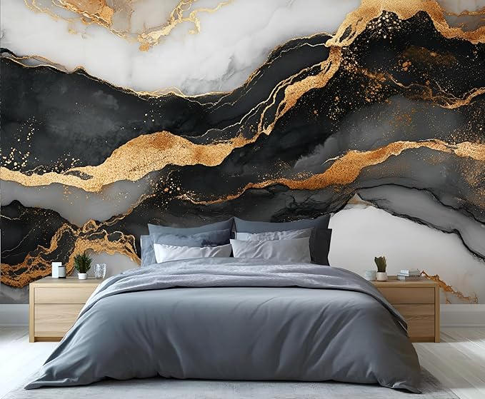Black Gold Marble Mural Wallpaper, White Gold Marble Murals, European Light Luxury Murals, Wallpaper for Living Room Bedroom Boy Girl Room Home Decor Mural (Not Peel Stick)