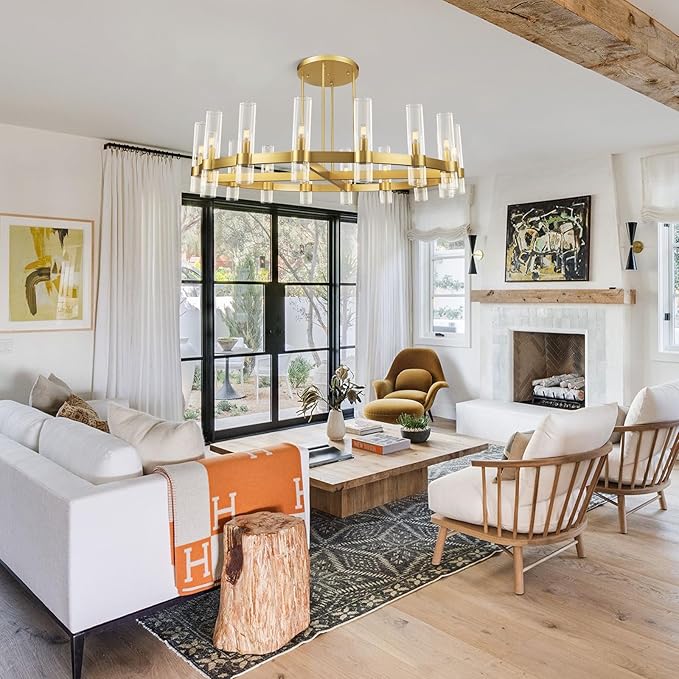 Modern 48" Gold Wagon Wheel Chandelier, Brass Round Chandeliers for Dining Room,16-Light Farmhouse Living Room Chandelier with Glass Tube for Bedroom,Staircase, Foyer, Entryway, Includes Bulbs