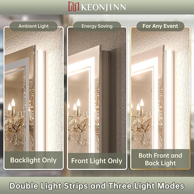 Keonjinn LED Bathroom Mirror 72" x 36" with Backlit and Frontlit, Tempered Glass Stepless 3 Colors Temperature & Dimmable Large Vanity Mirror, UL Listed LED Driver, Double Lights Anti-Fog Wall Mirror