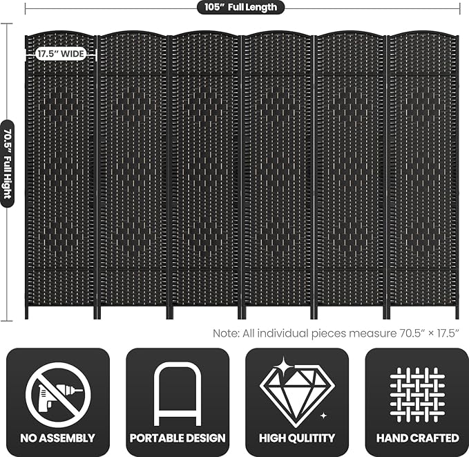 6 Panel Room Divider,6Ft Folding Privacy Screen,Tall - Extra Wide Foldable Panel Partition Wall Divider with Diamond Double-Weaved Hand-Woven Design Room Screen Divider