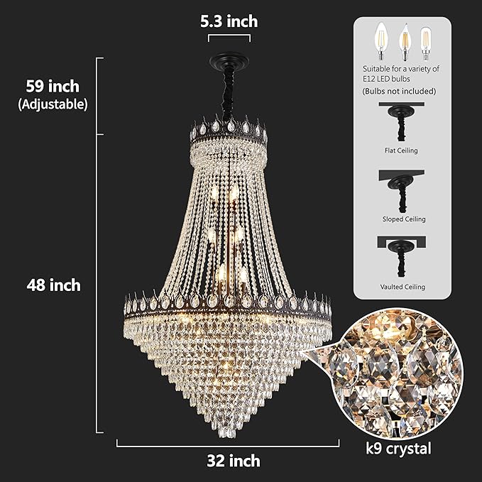 KoKo&Yukina 32" French Empire Crystals Chandelier 26 Light Black Crystal Chandeliers Modern Black Crystal Chandelier Round Large High Ceiling Sloped Hanging Light Fixtures for Hallway Staircase