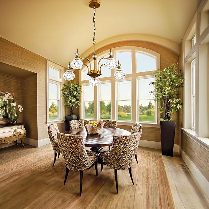 5-Light Vintage Gold Crystal Chandeliers for Dining Room, Antique Victorian Chandelier, Rustic Kitchen Island Light Fixtures, Modern Farmhouse Hanging Pendant Lights for Living Room, Bedroom, Foyer