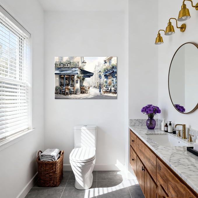 Modern Framed Street View Wall Art European Coffee Shop Canvas Print, Contemporary City Scene Painting, Vintage Cafe Artwork for Kitchen Dining Room Living Room, Bedroom Home Decor, Multi Size