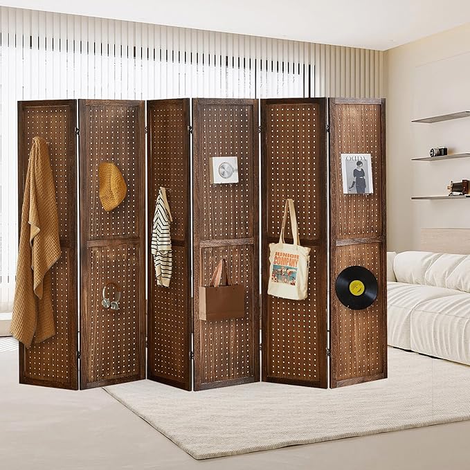 6 Panel Pegboard Display with 24 Hooks,Partition Room dividers, Wooden Room Divider Wall and Folding Privacy Screens, Pegboard Room Divider, Bedroom, Balcony, Dark Brown