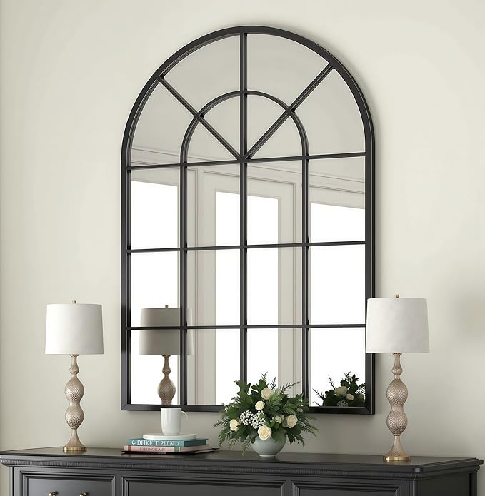 Arch Wall Mirror Mounted Decorative, 31"x42", Arched Window Pane Mirror for Wall-Mounted for Entryway, Bathroom Vanity, Living Room or Bedroom, Iron Frame, Black