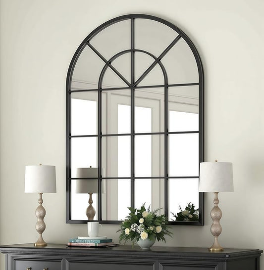 Arch Wall Mirror Mounted Decorative, 31"x42", Arched Window Pane Mirror for Wall-Mounted for Entryway, Bathroom Vanity, Living Room or Bedroom, Iron Frame, Black
