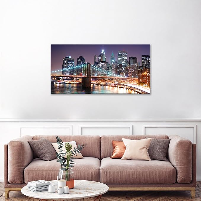 NAN Wind 1PCS New York City Skyline Canvas Wall Art Brooklyn Bridge at Sunset Golden Hour Manhattan Cityscape Pictures Canvas Artwork East River Reflection Modern Urban Home Decor Living Room Office