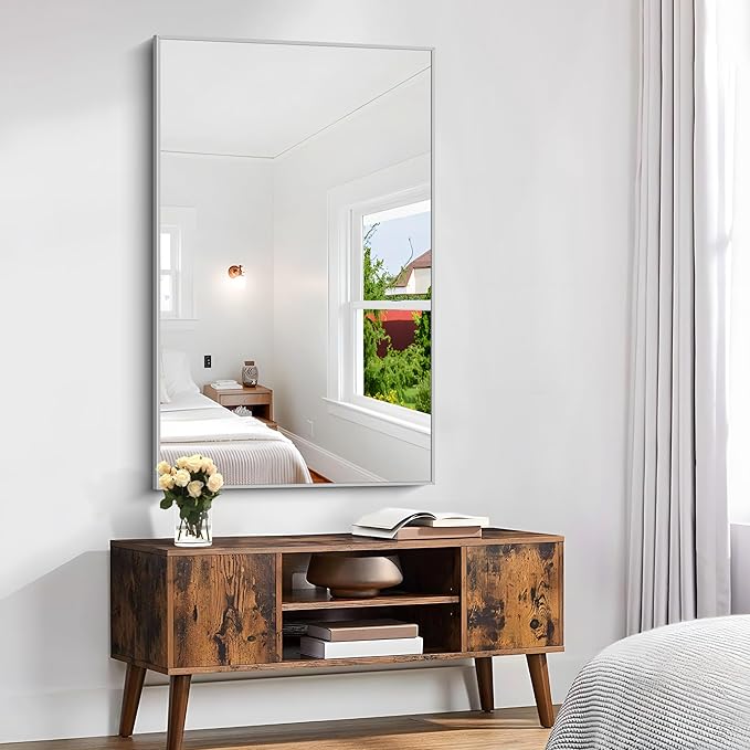 KOCUUY Silver Bathroom Mirror, 48"x30" Rectangle Bathroom Mirror for Wall, HD Tempered Glass, Anti-Rust Brushed Silver Frame, Modern Design for Bathroom, Bedroom, Living Room, Entryway.